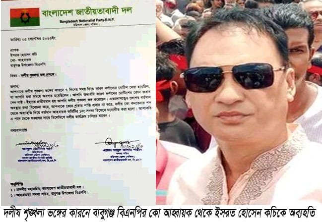 দলীয় শৃঙ্খলা ভঙ্গের কারণে বাবুগঞ্জ বিএনপির কো-আহ্বায়ক থেকে ইসরত হোসেন কচিকে অব্যহতি