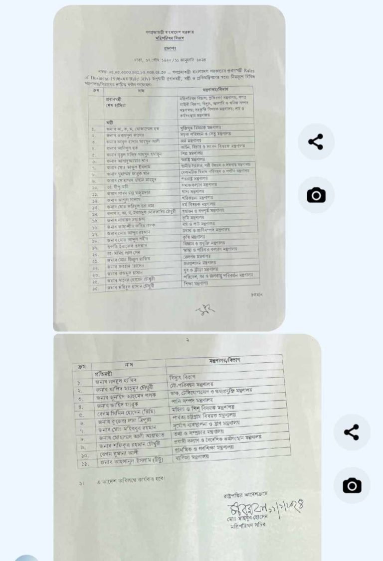 নতুন মন্ত্রীদের মাঝে দপ্তর বন্টন, পররাষ্ট্রে হাছান মাহমুদ