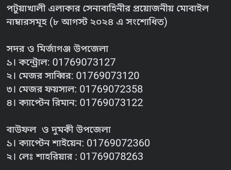 পটুয়াখালী জেলায় সেনাবাহিনীর প্রয়োজনীয় মুঠোফোন নম্বর সংশোধিত