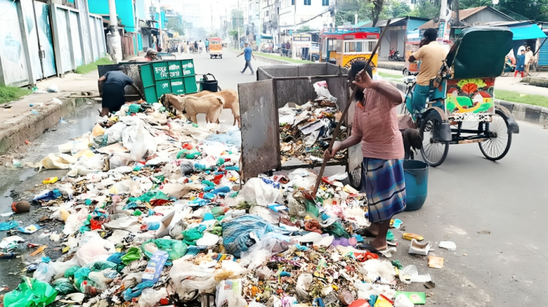 বরিশালে সড়কে সড়কে ময়লার স্তূপ, জনজীবনে চরম দুর্ভোগ