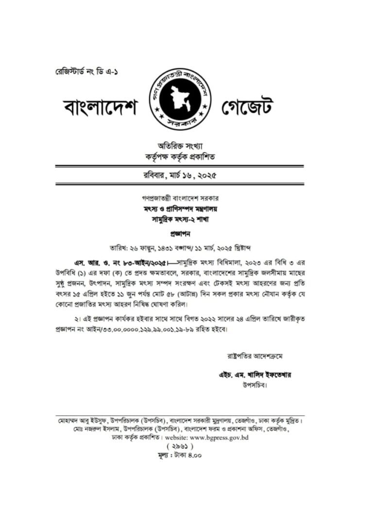 সাগরে ৫৮ দিনের জন্য মাছ ধরায় নিষেধাজ্ঞা