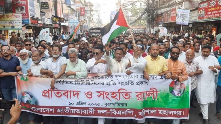 বরিশালে ফিলিস্তিনের পক্ষে বিএনপির বিক্ষোভ ও মিছিল