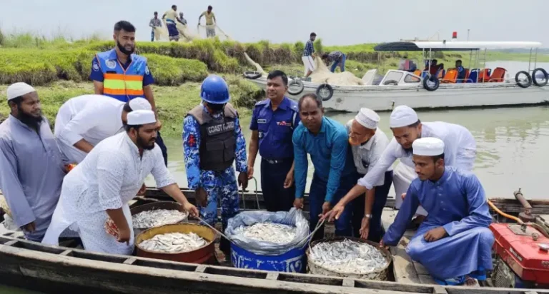 মেহেন্দীগঞ্জে নদীতে যৌথ অভিযান: ১৬ মন জাটকা জব্দ, ৯৭ হাজার মিটার জাল ধ্বংস
