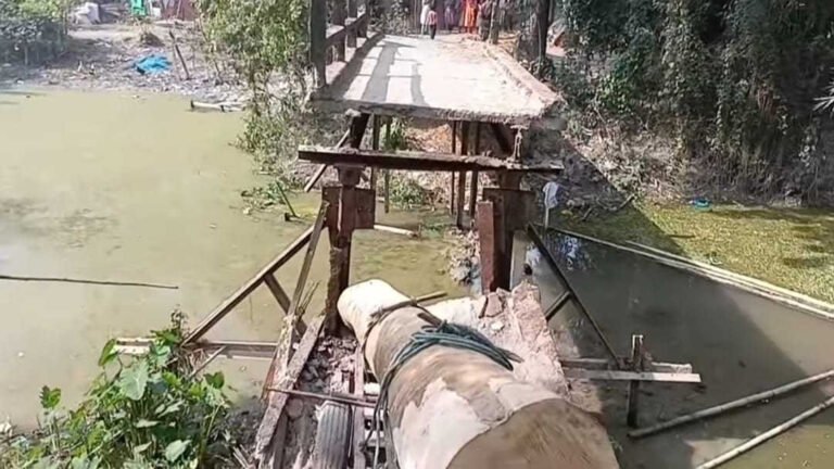 বরিশালে গাছবোঝাই ঠেলাগাড়িসহ আয়রন ব্রিজ ভেঙে খালে, দুই গ্রামের যোগাযোগ বন্ধ